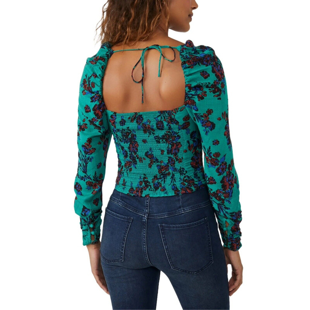 Free People Hilary Floral Printed Green Size X-Small Peep Hole Long Sleeve Top
